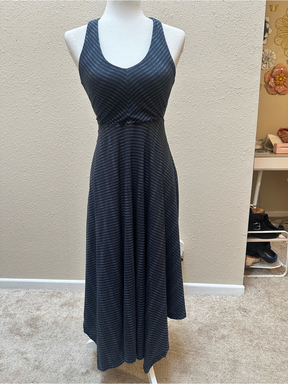 prAna Midi Maxi Dress Gray Black Sleeveless Open Back Stretch Outdoor Sz XS/S